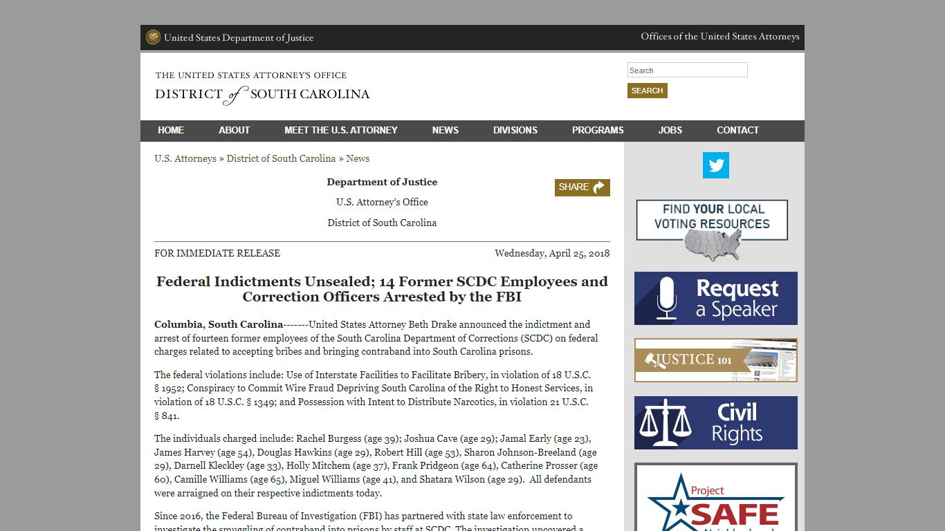 Federal Indictments Unsealed; 14 Former SCDC Employees and Correction ...